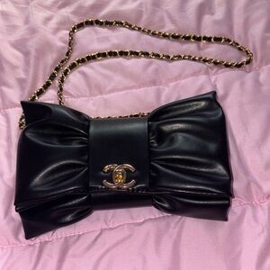 Black Bow Clutch with Gold Chain